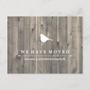 Rustic Brown Wood en Sweet Bird Change of Address Aankondigingskaart