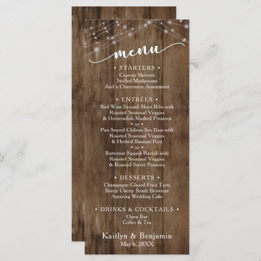 Rustic Brown Wood Fairy Lichten, Elegant Typografi Menu (Voorkant / Achterkant)
