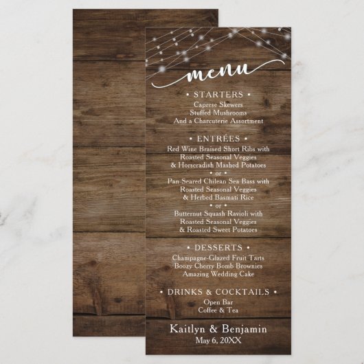 Rustic Brown Wood Fairy Lichten, Elegant Typografi Menu (Voorkant / Achterkant)