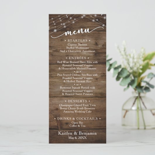 Rustic Brown Wood Fairy Lichten, Elegant Typografi Menu (Staand voorkant)