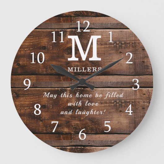 Rustic Brown Wood Family Monogram Quote Grote Klok (Voorkant)