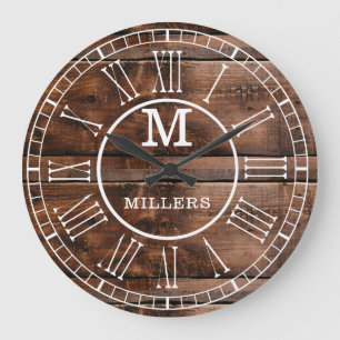 Rustic Brown Wood Family Name Monogram Grote Klok