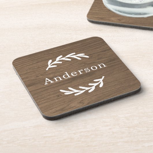 Rustic Brown Wood Laurel Achternaam Monogram Bier Onderzetter (Linkerzijde)
