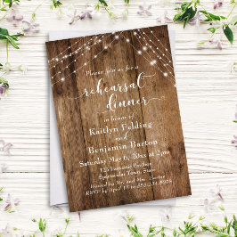 Rustic Brown Wood & Light Strings Rehearsal Dinner Kaart