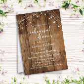 Rustic Brown Wood & Light Strings Rehearsal Dinner Kaart