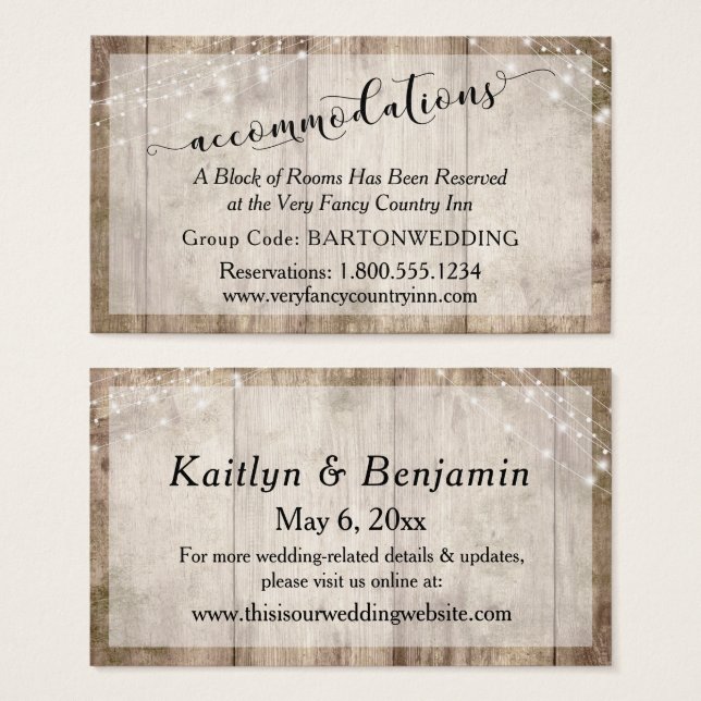 Rustic Brown Wood & Lights Wedding Accommodations Visitekaartje (Voorkant /achterkant)