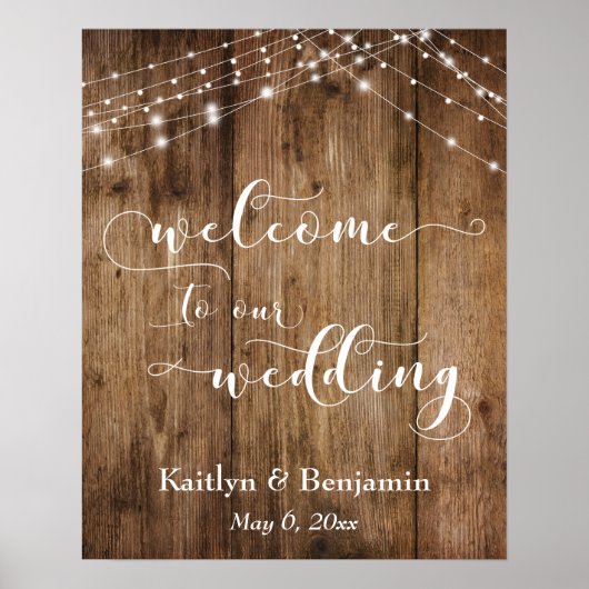 Rustic Brown Wood & Lights Wedding Welcome Sign Poster (Voorkant)