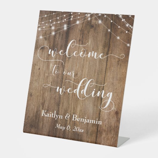 Rustic Brown Wood & Lights Wedding Welcome Sign Reclamebord Met Voetstuk (Voorkant)