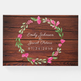 Rustic Brown Wood Pink Floral Country Wedding Gastenboek