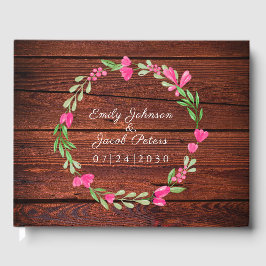 Rustic Brown Wood Pink Floral Country Wedding Gastenboek