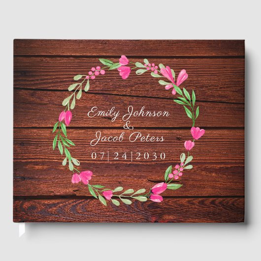 Rustic Brown Wood Pink Floral Country Wedding Gastenboek (Voorkant)