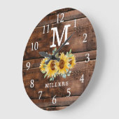 Rustic Brown Wood Sunflower Familienaam Monogram Grote Klok (Hoek)