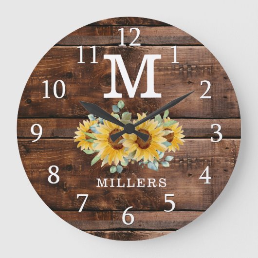Rustic Brown Wood Sunflower Familienaam Monogram Grote Klok (Voorkant)