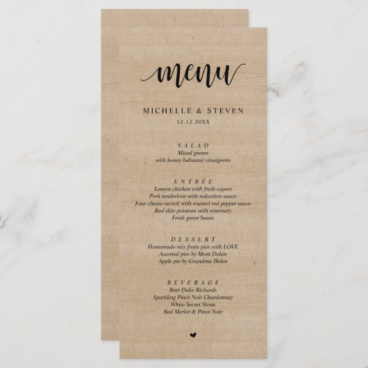 Rustic Brown Wood Wedding Elopement Menu (Voorkant / Achterkant)