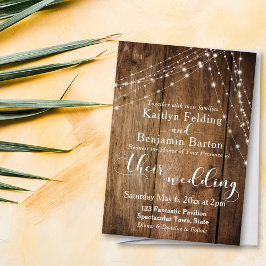 Rustic Brown Wood, White Light Strings Wedding 2 Kaart