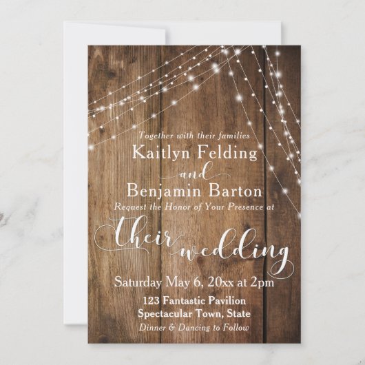 Rustic Brown Wood, White Light Strings Wedding 2 Kaart (Voorkant)
