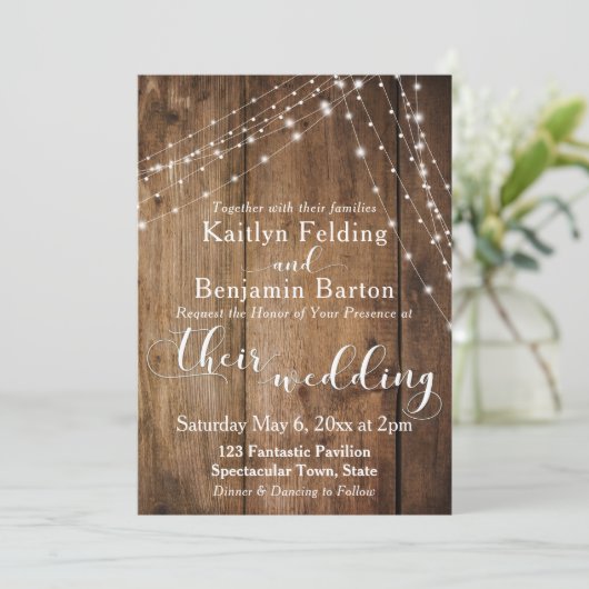 Rustic Brown Wood, White Light Strings Wedding 2 Kaart (Staand voorkant)