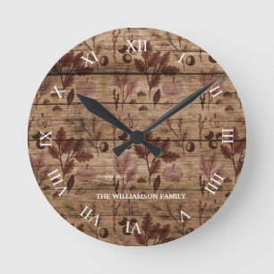 Rustic Brown Wooden Fall Pattern Family Name Ronde Klok