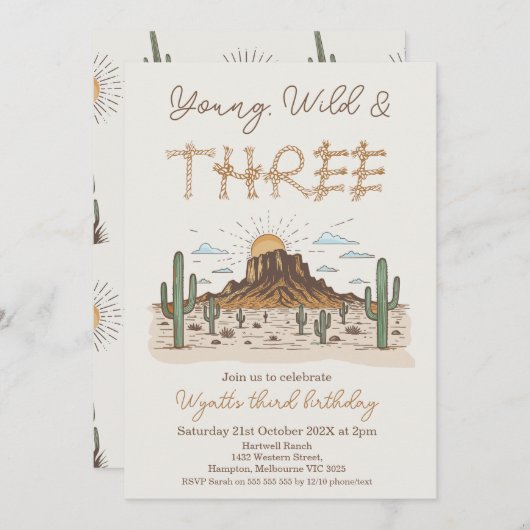 Rustic Brown Young Wild and Three 3rd Birthday Kaart (Voorkant / Achterkant)