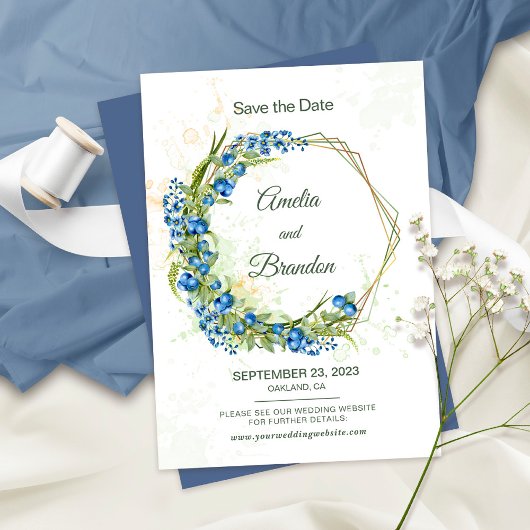 Rustic Bruidssave-the-datekaart met Blauwe Bosbes Save The Date