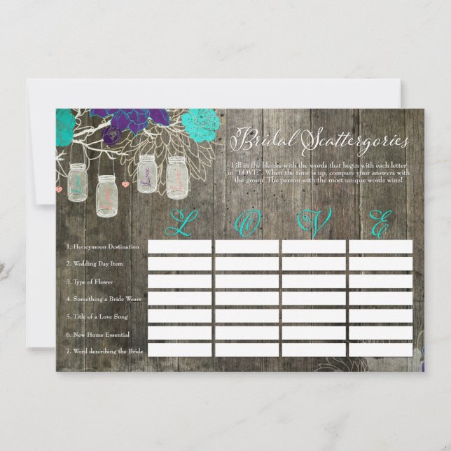 Rustic Bruiloft Shower Scattergories Liefdes spel (Voorkant)