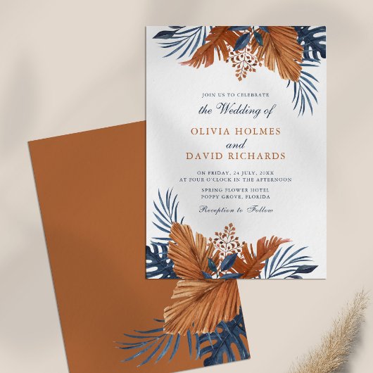 Rustic Bruin en Midnight Blue Bladeren Bruiloft Kaart