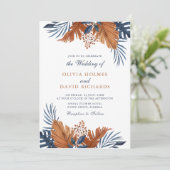 Rustic Bruin en Midnight Blue Bladeren Bruiloft Kaart (Staand voorkant)