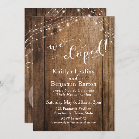 Rustic Bruin Hout & Lichtjes Wij Elopeden Viering Kaart (Voorkant / Achterkant)