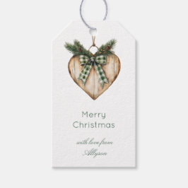 Rustic Bruine Crème Groen Hart Boog Kerst Cadeaulabel