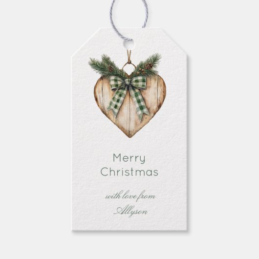Rustic Bruine Crème Groen Hart Boog Kerst Cadeaulabel (Voorkant)