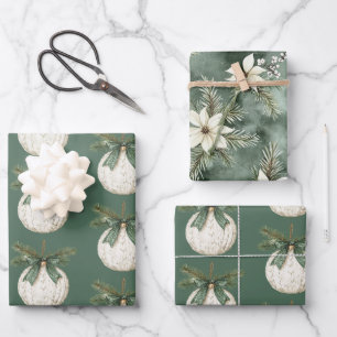 Rustic Bruine Crème Groen Ornament Kerstmis   Inpakpapier Vel