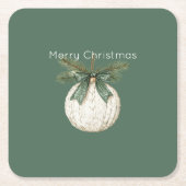 Rustic Bruine Crème Groen Ornament Kerstmis Kartonnen Onderzetters (Voorkant)