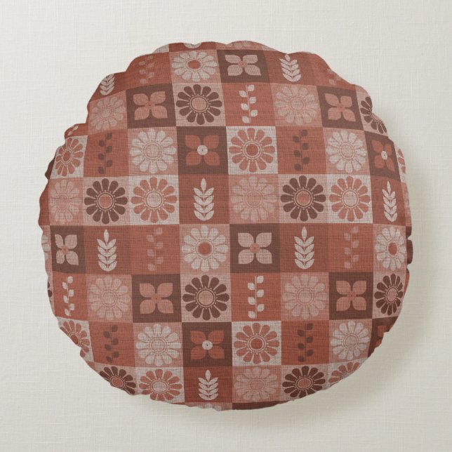 Rustic Bruine Jute Bloemen Bladeren Ronde Kussen (Voorkant)