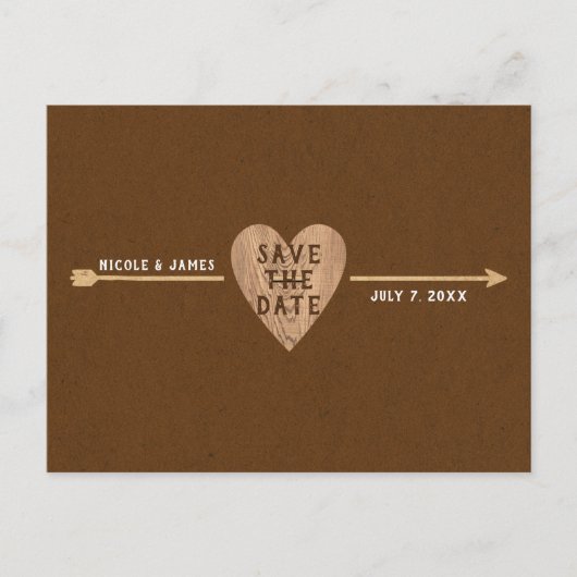 Rustic Bruine Kraft Hart Pijl Save the Date Aankondigingskaart (Voorkant)