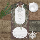 Rustic bruine wintersparkle Dinner All In One Uitnodiging<br><div class="desc">OOK BESCHIKBAAR MET EEN QR-CODE AAN SCAN. Dit ontwerp is voorzien van een roestgroene dennenboom en een pincone bouquet op een zachte cacaobruine achtergrond met witte bloemen. Het is voorzien van een witte glans om de magie van de mooie winterse feestdagen te illustreren. Ideaal voor een kerstfeest- of winterbruiloft. De...</div>