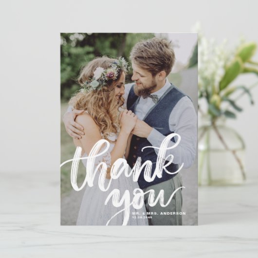 Rustic Brush Lettering Overlay Photo Wedding Bedankkaart (Staand voorkant)