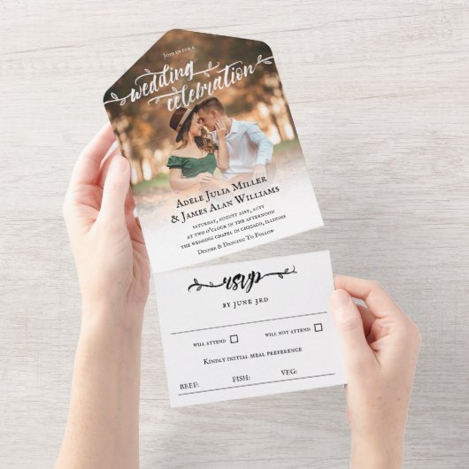 Rustic Brush Script Photo Wedding All In One Uitnodiging (Afscheurbaar)