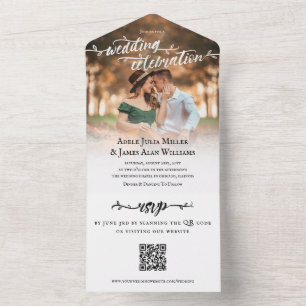Rustic Brush Script Photo Wedding QR RSVP All In One Uitnodiging