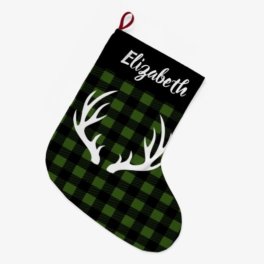 Rustic Buffalo Check Pset & White Deer Antlers Grote Kerstsok (Voorkant (Hangend))