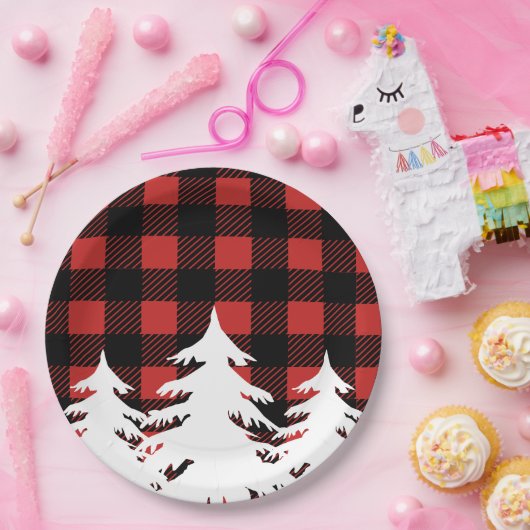 Rustic Buffalo Check Pset & White Forest Trees Papieren Bordje (Feest)