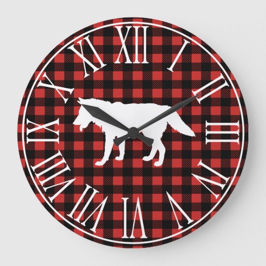 Rustic Buffalo Check Pset & White Wolf Silhouette Grote Klok (Voorkant)