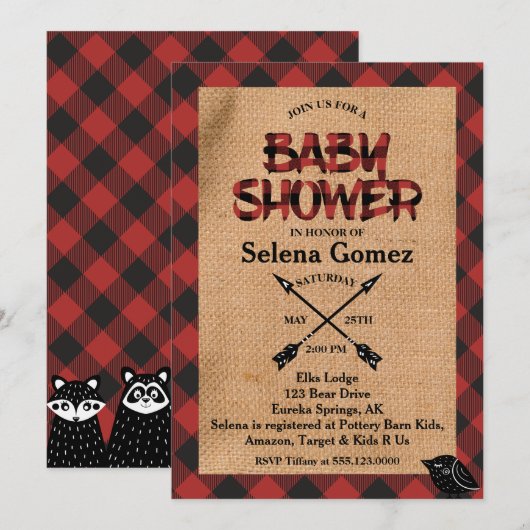 Rustic Buffalo Plaid Baby shower Invitation Kaart (Voorkant / Achterkant)
