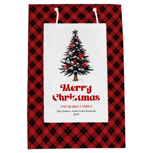 Rustic buffalo plaid Christmas bag personalized Medium Cadeauzakje (Voorkant)