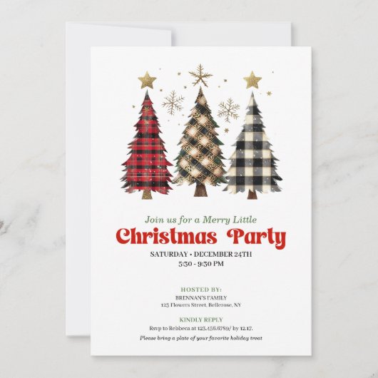 Rustic buffalo plaid Christmas tree holiday invite Kaart (Voorkant)