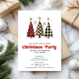 Rustic buffalo plaid Christmas tree holiday invite Kaart