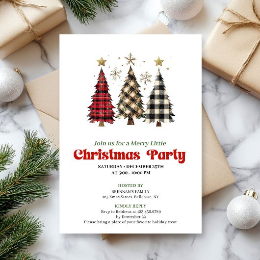 Rustic buffalo plaid Christmas tree holiday invite Kaart