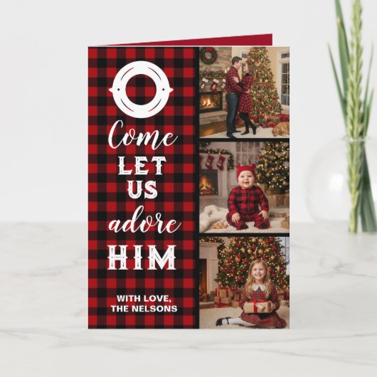 Rustic Buffalo Plaid Come Let Us Adore Him Photo Feestdagen Kaart (Voorkant)