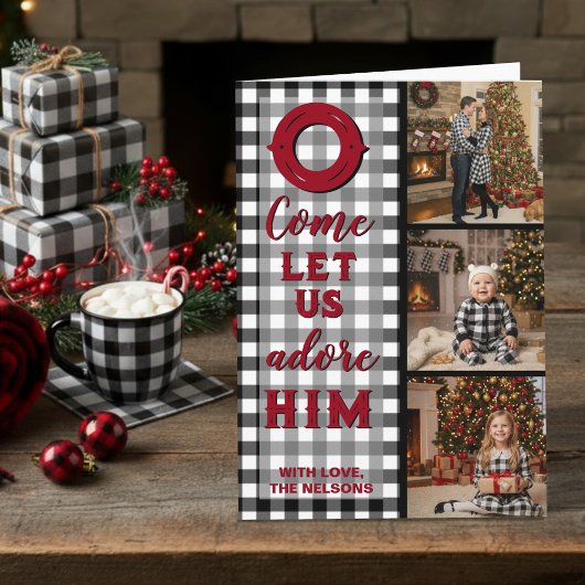 Rustic Buffalo Plaid Come Let Us Adore Him Photo Feestdagen Kaart