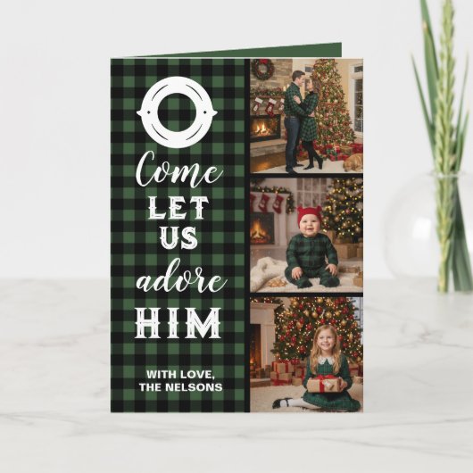 Rustic Buffalo Plaid Come Let Us Adore Him Photo Feestdagen Kaart (Voorkant)