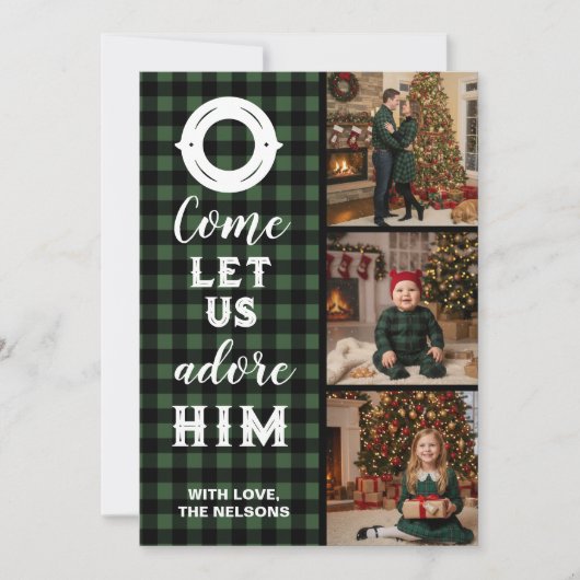 Rustic Buffalo Plaid Come Let Us Adore Him Photo Feestdagenkaart (Voorkant)